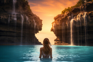 Nature, vacation and travel concept. Dark woman silhouette swimming in tropical pond, pool, river or lake in jungles or rainforest during sunset. Girl standing back to camera, waterfall in background