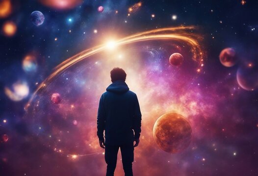 Abstract colorful cosmos background with a person Planets and galaxies sky and stars in universe