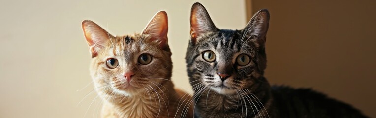 Two cats pose on a plain beige background