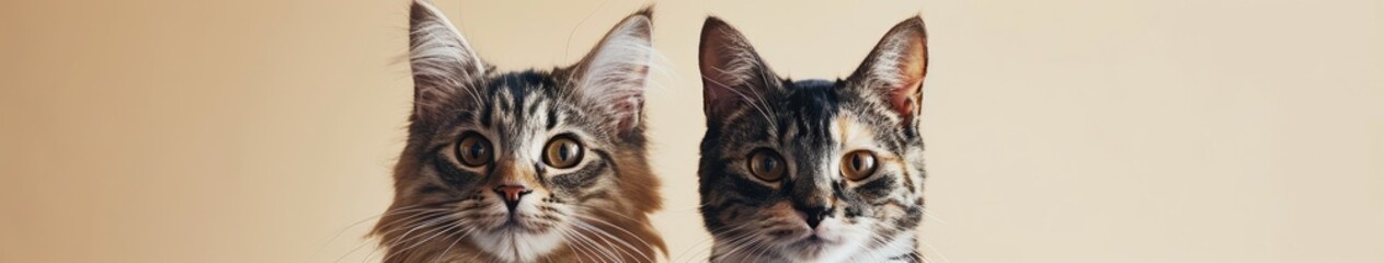 Fototapeta premium Two cats pose on a plain beige background
