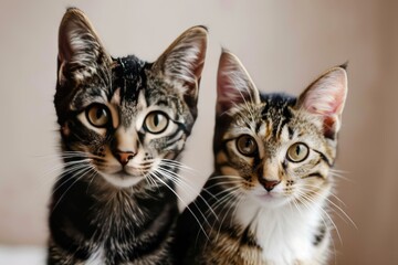 Obraz premium Two cats pose on a plain beige background