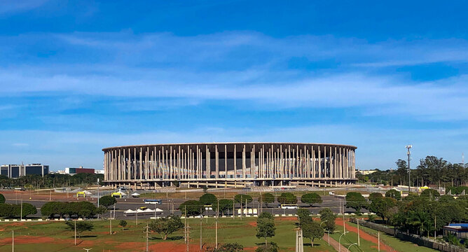 Brasilia,DF, Brazil, May 2023: Man&eacute; Garrincha Football Stadium in panoramic photo