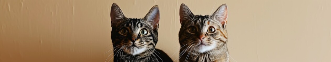 Obraz premium Two cats standing up against a simple beige background