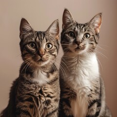 Two cats standing up against a simple beige background