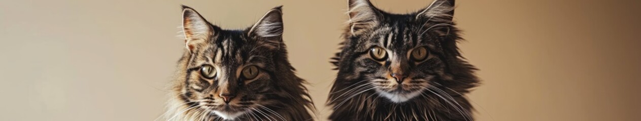 Two cats standing up against a simple beige background