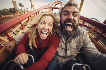 Fototapeta na wymiar One adult couple have fun together riding rollercoaster in luna park during festive holiday or vacation. Youthful people enjoy and laugh a lot in thematic amusement park. Happiness leisure outdoor