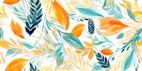 Watercolor Floral Seamless Pattern with Blue and Orange Leaves