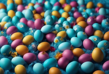 Banner with colored Easter eggs flying in the air on blue background