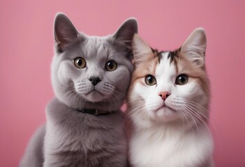 Black and white cats sitting together on pink background Banner with pets