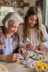Grandmother and grandson females decorate together stones od cookies and enjoy time together in indoor leisure activity. Family house lifestyle people. Mixed ages and generations. Kitchen home work - obrazy, fototapety, plakaty