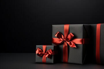 Black gift boxes with red bow on black background, Ai Generated