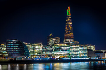 Night view of shard of London and the South bank offices, England