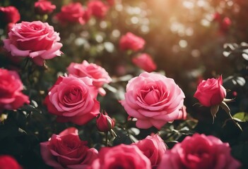 Blooming red and pink roses banner Beautiful natural floral background Sunny day in the garden
