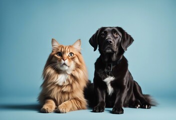 Cat and dog sitting together and looking up Pets on blue background copy space