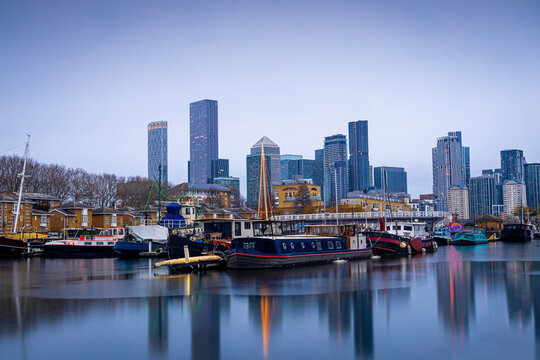 View of skyscrapers in London city as seen from Surrey docks, England