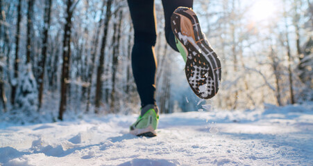 Running shoes sole close up image of winter jogger feet in running sneakers on the snowy park path...