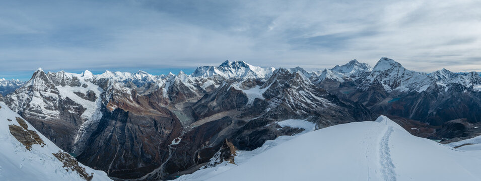 Mount Everest, Nuptse, Lhotse with South Face wall, Makalu, Chamlang beautiful panoramic shot of a High Himalayas from Mera peak high camp site at 5800m. 43MP high definition multishot photo.