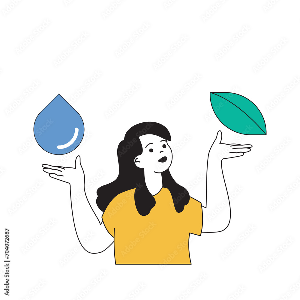 Poster Ecology concept with cartoon people in flat design for web. Woman effectively uses resources to preserve nature and renew sources. Vector illustration for social media banner, marketing material.