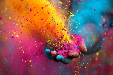 hand with holi powder for Hindu spring festival of colours - obrazy, fototapety, plakaty