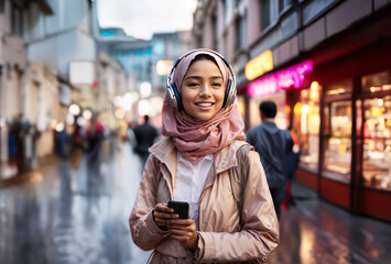 Fototapeta premium Joyful young muslim woman in hijab listening to music through headphones connected to cell phone while walking around the city center.