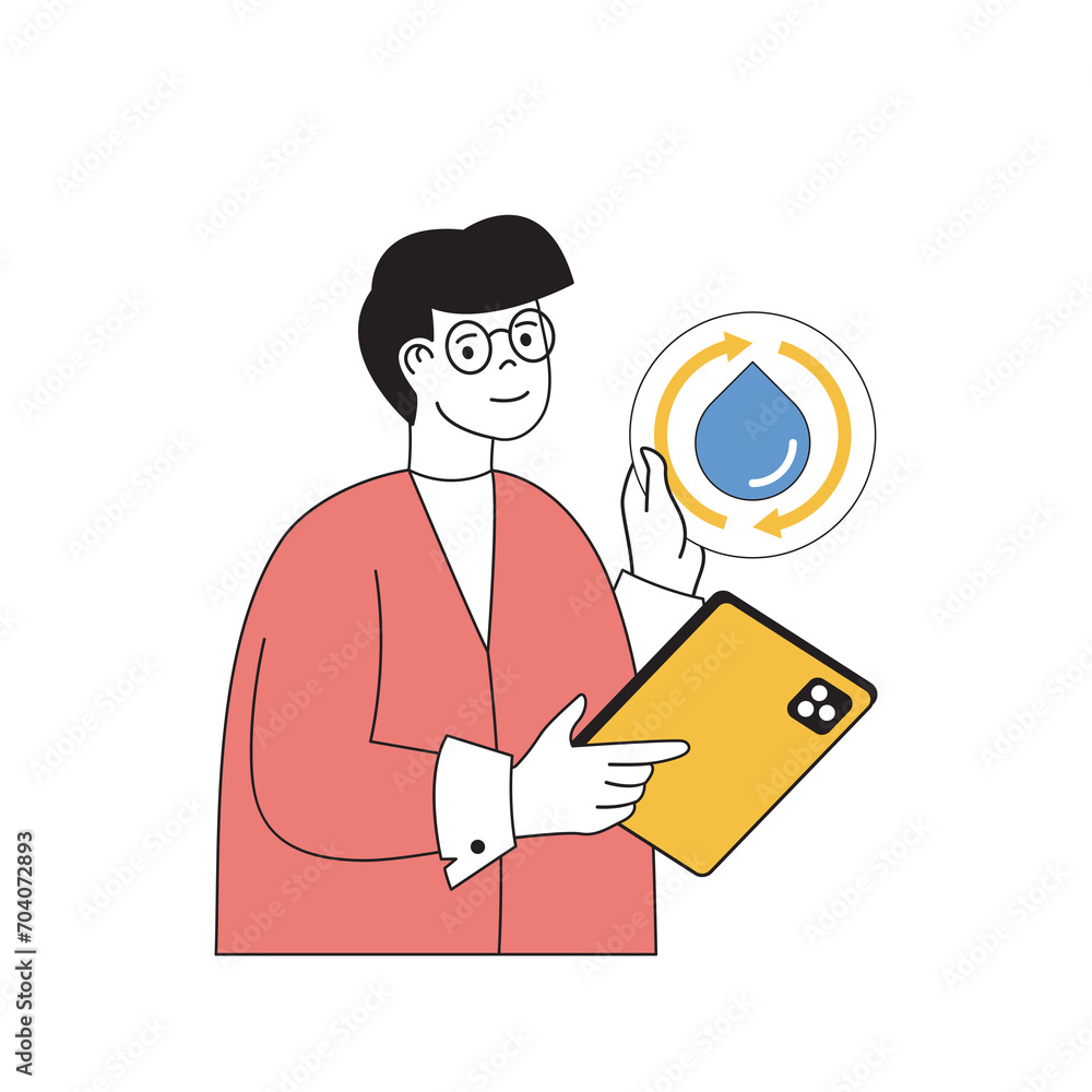 Poster ecology concept with cartoon people in flat design for web. man effectively using of water resources