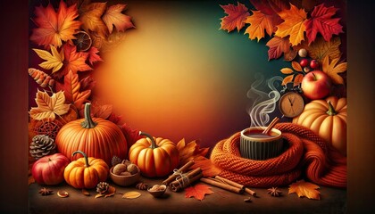 Autumn Warmth: A Cozy Composition with Pumpkins and Fall Leaves