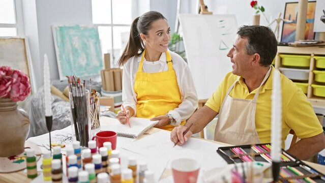 Hispanic man and woman artists high five in joy at art studio while drawing on notebook; vibrant celebration amidst paintbrushes, easels, and canvas around