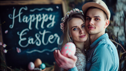 Fototapeta na wymiar A young couple holds Easter eggs in front of a blackboard with the inscription 