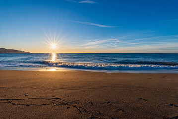 Poniente beach in Motril at dawn, on the tropical coast of Granada, Andalucia. - obrazy, fototapety, plakaty
