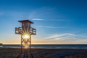 Beach surveillance tower on Poniente beach in Motril,Costa Tropical de Granada,Andalucia.