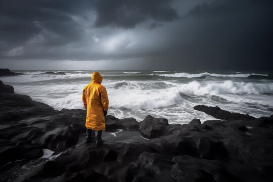 Storm Watcher: Man in Yellow Raincoat Gazes at the Turbulent Sky and Waves from a Rugged Rock Perch