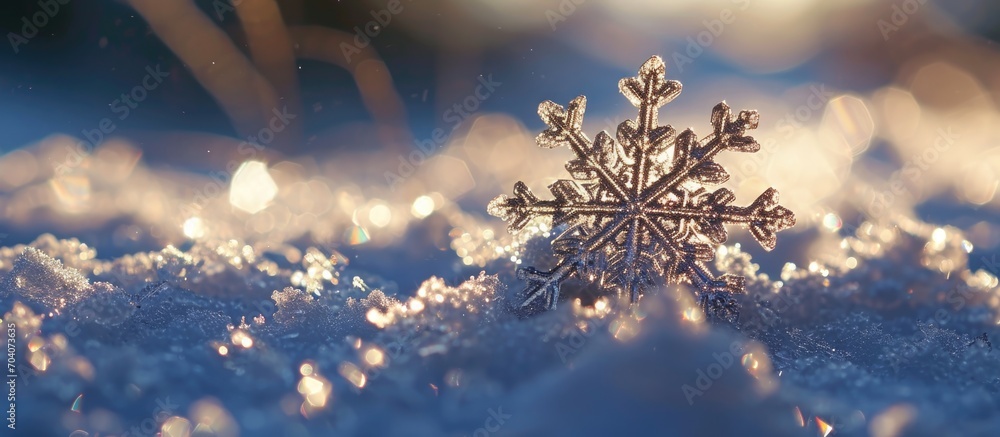 Poster tiny snowflake resting on the snow.