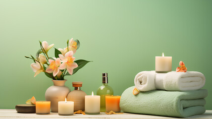 Obraz na płótnie Canvas Warm spa atmosphere with towels, oil, flowers and candles as decor on light green background. An atmosphere of relaxation, tranquility and pleasure.