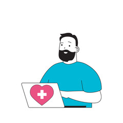Medical concept with cartoon people in flat design for web. Man works as doctor and giving online consultations by laptop at clinic. Vector illustration for social media banner, marketing material.
