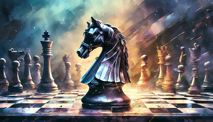 chess knight piece on the chessboard, action, dynamic - obrazy, fototapety, plakaty