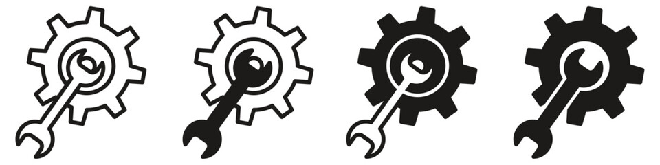 Resolve symbol icon set collection. Gear with wrench sign. Setting of mechanical workshop showing work in progress in business. Transmission of wheel machine. Repair or setup in engineering industry