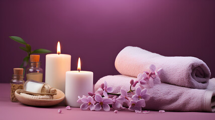 Fototapeta na wymiar Warm spa atmosphere on a lilac background with folded towels, flowers and candles as decor. An atmosphere of relaxation, tranquility and pleasure.