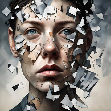 woman face exploding in fragments, personality disorder and mental health concept