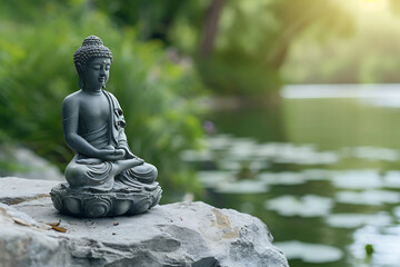 "Tranquil Retreat: Buddha Statue by the Lakeside, Embraced by Green Nature. A Serene Asian-Inspired Spa Background Evoking Peace and Tranquility, Perfect for Decoration with Ample Copy Space."