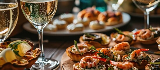 Delightful treats like champagne, tartlets, and seafood salads, conveniently delivered in a box for festivities, gatherings, or family meals. Catering with scrumptious snacks.