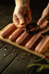 Adding dry aromatic spices by the hands of the cook to raw meat sausages before cooking. Concept of...
