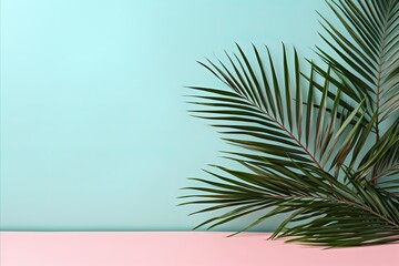 Fototapeta na wymiar Green Palm Branches on a Minimalistic Green and Pink Design Background - Ideal for Various Creative Projects