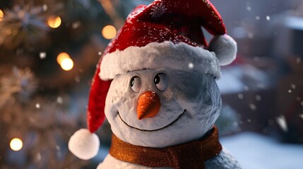 santa claus in the snow, Enter a winter wonderland as a super-realistic  image captures the charm of a smiling snowman adorned with a vibrant red Santa hat