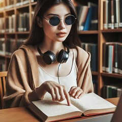 Young blind woman reading a braille book in a library and wearing headphones. Dark sunglasses. Blindness. Visually impaired. Active life. Reading Braille with hand. Education. Student. Generative AI - obrazy, fototapety, plakaty