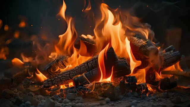 Campfire close up. Cozy Bright flame of burning bonfire in dark on background of pine forest in evening camping at sunset summer. Burning branches in fire tongues of flame. Hiking. Tourism. Travel. Li