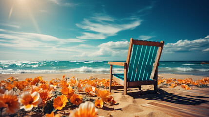 Beautiful tropical beach with white sand, turquoise water and yellow flowers