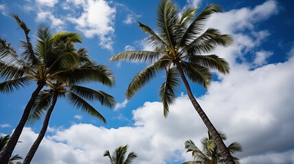 Fototapeta na wymiar Coconut palm trees and blue sky with clouds