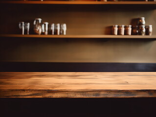 Rustic wooden table with a blurred background of a shelf with jars