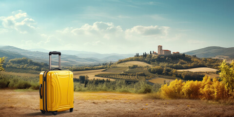 Yellow plastic travel suitcase on a dirt road with European rural landscape background. Summer...