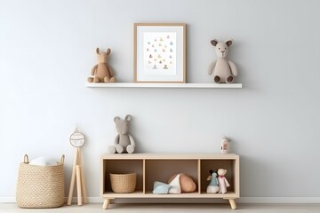 a nursery wall art blank and empty mockup in a frame with white background, nursery room colorful and playful for children